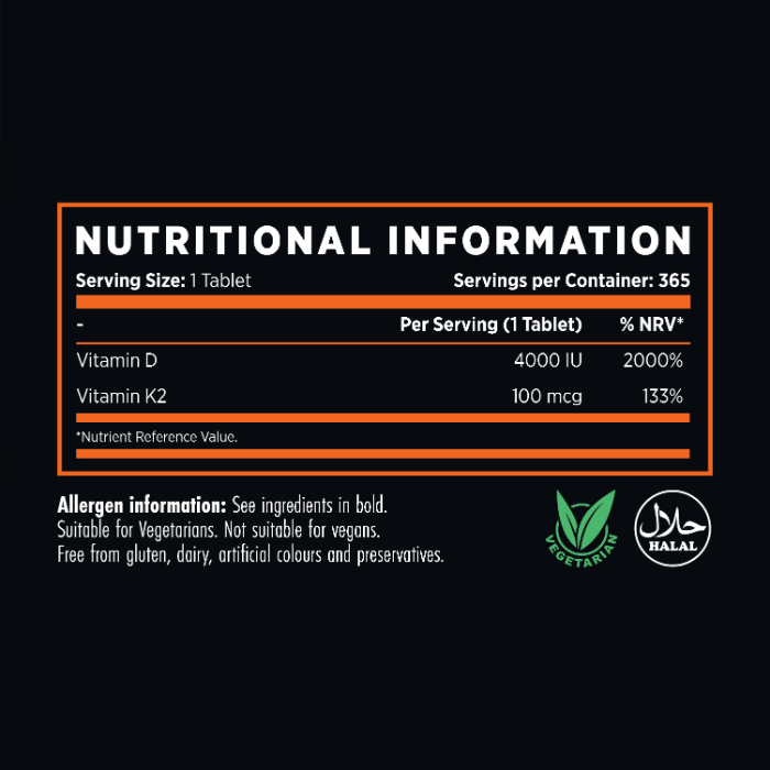 Ultra vitamin D3 + K2 supplement tablets